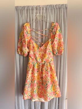 Klesis Floral Puff-Sleeve Mini Dress in Pink & Yellow Large